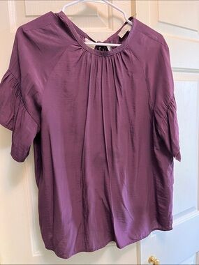 LOFT Plum Short-Sleeve Pleated Neck Blouse